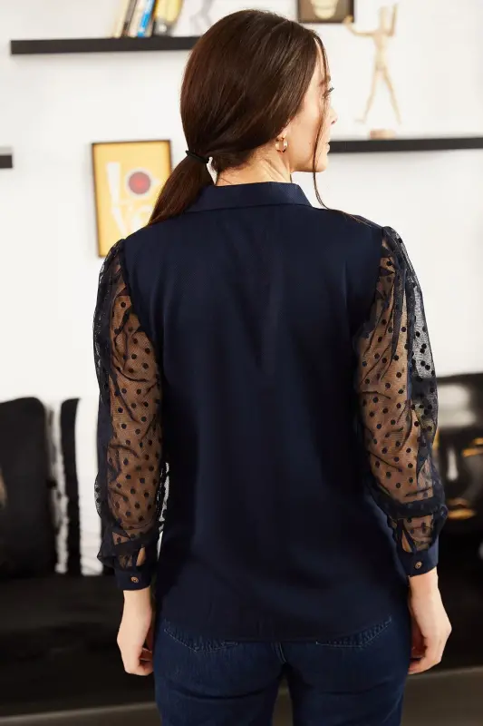 Kadın Lacivert Kolları Tül Gömlek ARM-20K001068-Lacivert - 5