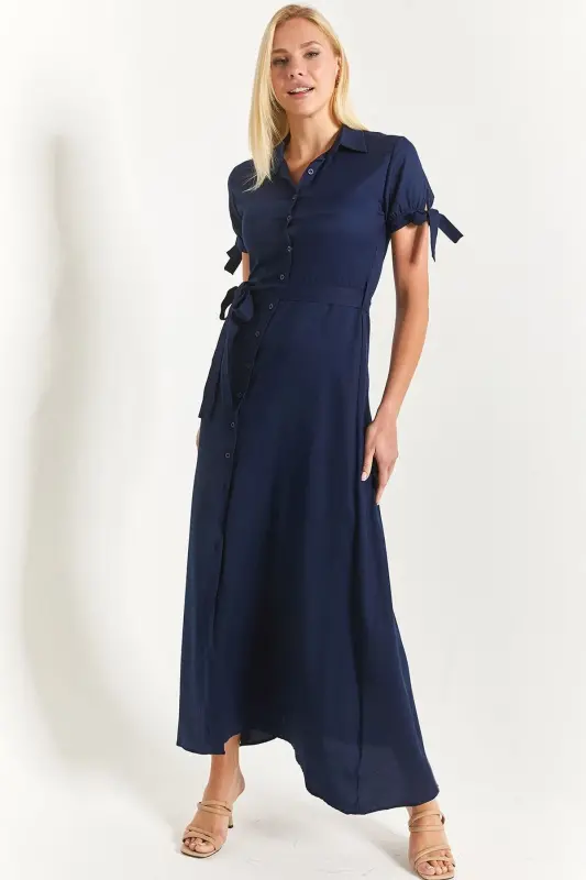 Kadın Lacivert Kolu Bağlamalı Beli Kuşaklı Gömlek Elbise Arm-23y001004-Lacivert - 2