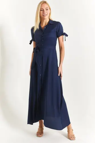 Kadın Lacivert Kolu Bağlamalı Beli Kuşaklı Gömlek Elbise Arm-23y001004-Lacivert - 3