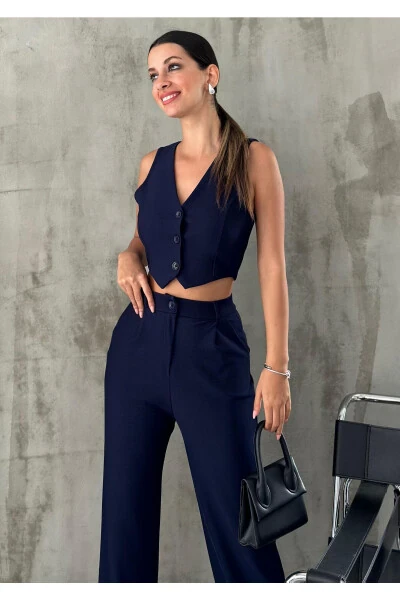 Kadın Lacivert Krep Kumaş Yelek Yüksek Bel Pantolon Takım-LACİVERT - 7