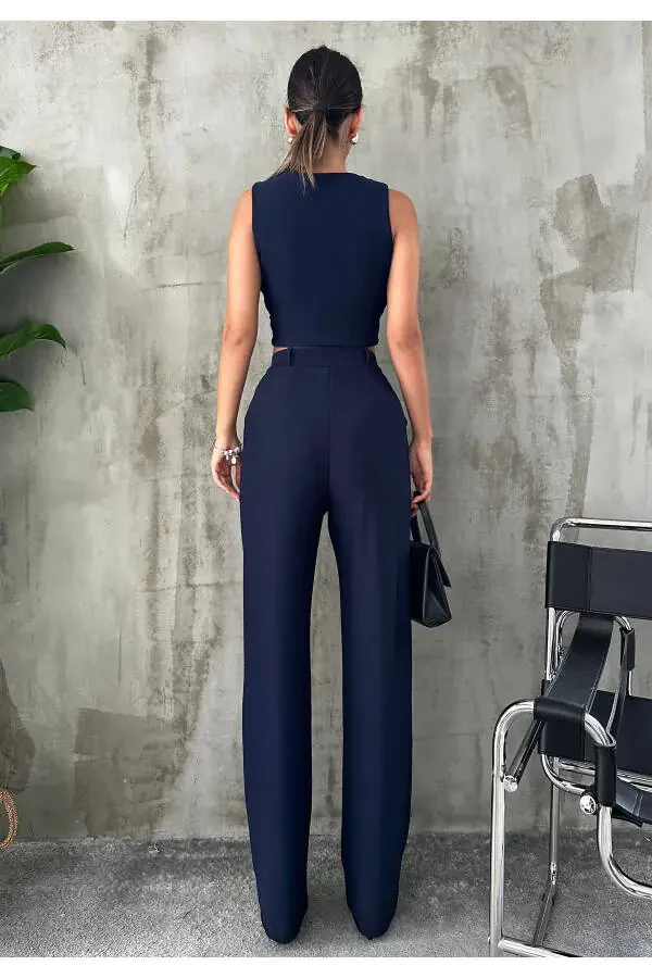 Kadın Lacivert Krep Kumaş Yelek Yüksek Bel Pantolon Takım-LACİVERT - 12