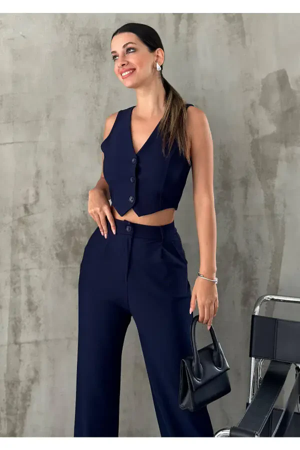 Kadın Lacivert Krep Kumaş Yelek Yüksek Bel Pantolon Takım-LACİVERT - 1