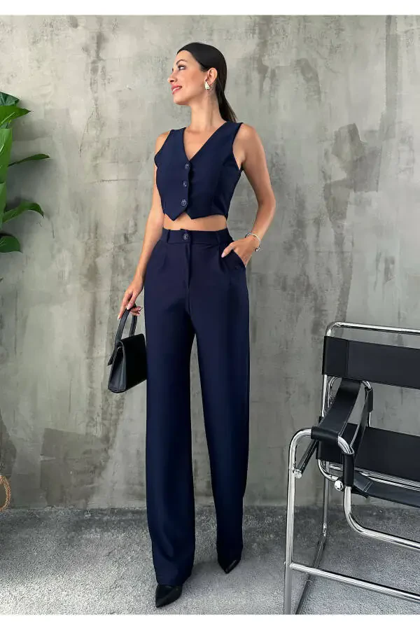 Kadın Lacivert Krep Kumaş Yelek Yüksek Bel Pantolon Takım-LACİVERT - 5