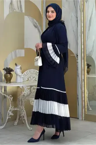 KADIN LACİVERT (LACİ-EKRU) PİLİSE DETAYLI VOLANLI ABAYA T 4547-LACİVERT (LACİ - TRENDTESETTÜR (1)