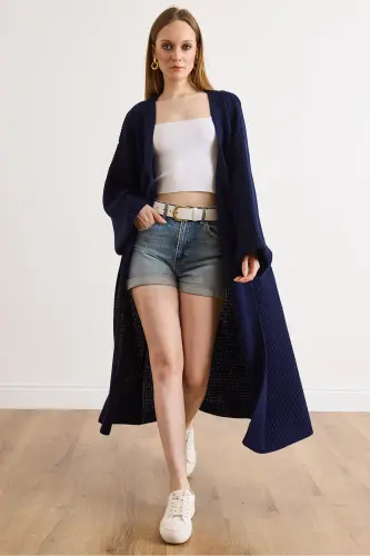 Kadın Lacivert Manşeti Katlamalı Maxi Triko Hırka HRK-19000297-Lacivert 