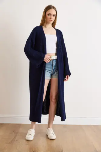 Kadın Lacivert Manşeti Katlamalı Maxi Triko Hırka HRK-19000297-Lacivert - 3