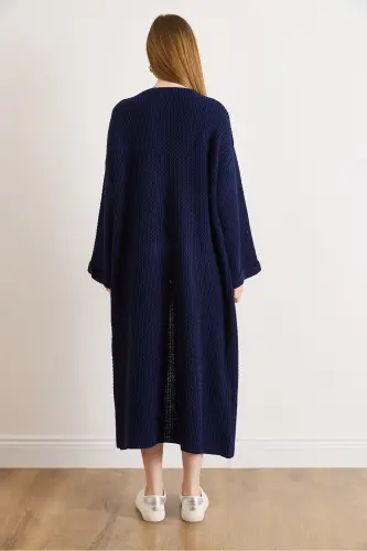 Kadın Lacivert Manşeti Katlamalı Maxi Triko Hırka HRK-19000297-Lacivert - 6