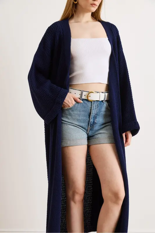 Kadın Lacivert Manşeti Katlamalı Maxi Triko Hırka HRK-19000297-Lacivert - 5