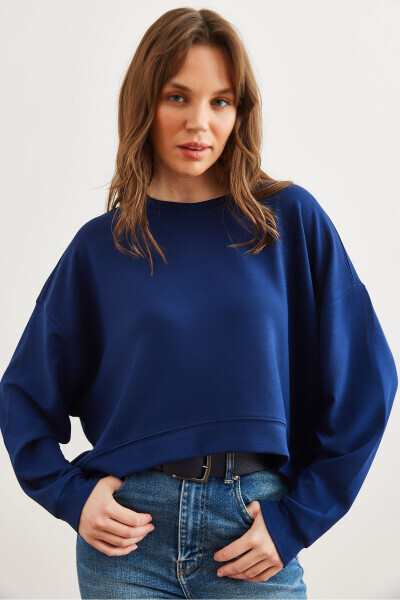 Kadın Lacivert Modal Tuşeli Premium Oversize Dökümlü Sweatshirt SWT-19000713 - Lacivert - 9