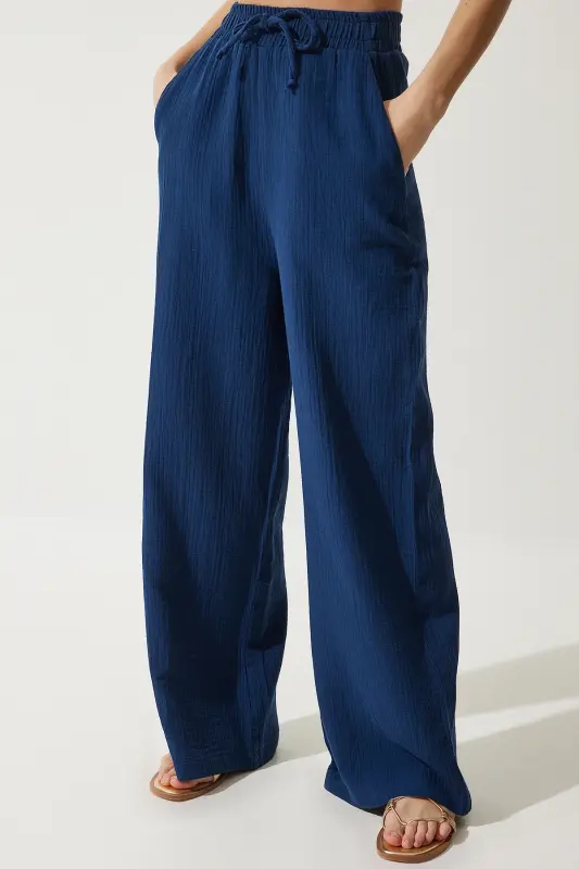 Kadın Lacivert Müslin Palazzo Pantolon MX00160-Lacivert - 3