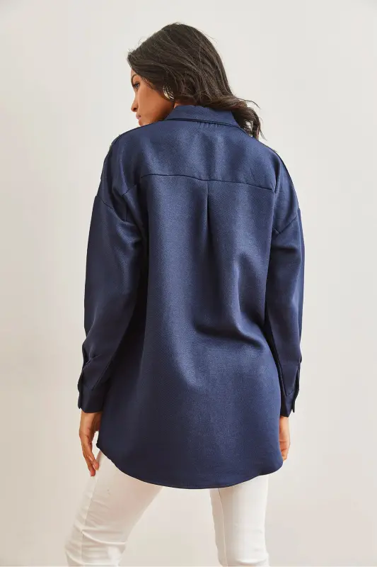 Kadın Lacivert Nakışlı İncili Yün Efektli Oversize Kışlık Gömlek GML-19001159-Lacivert - 2