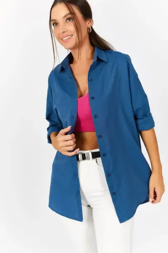 Kadın Lacivert Oversize Uzun Basic Gömlek ARM-22Y001118 - Lacivert - 3