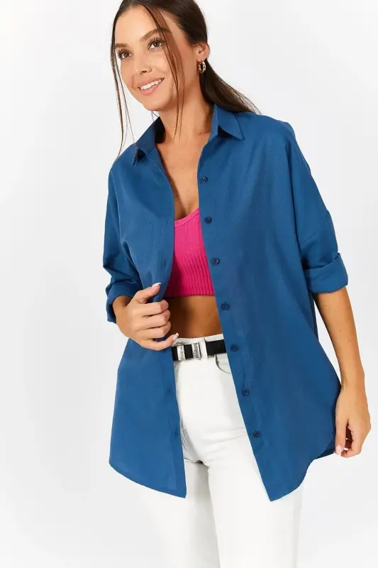 Kadın Lacivert Oversize Uzun Basic Gömlek ARM-22Y001118 - Lacivert - 3
