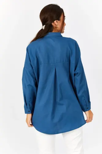 Kadın Lacivert Oversize Uzun Basic Gömlek ARM-22Y001118 - Lacivert - 4