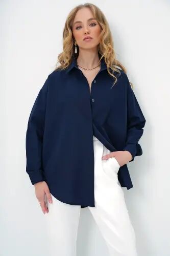 Kadın Lacivert Oversize Uzun Dokuma Gömlek ALC-X6828 - LACİVERT - TREND ALAÇATI STILI (1)