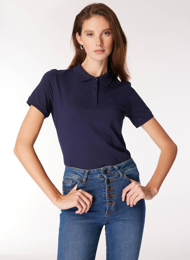 Kadın Lacivert Polo Yaka Basic T-Shirt - 2