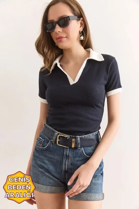 Kadın Lacivert Polo Yaka Renk Detaylı Esnek Pamuk Bluz BLZ-19002920 - Lacivert - OLALOOK