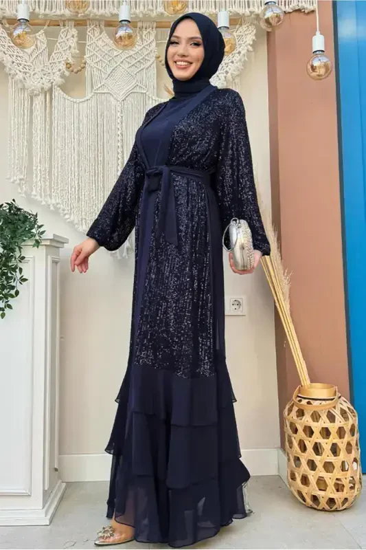 KADIN LACİVERT PUL PAYETLİ ABİYE ELBİSE TAKIM T 3848-LACİVERT - 2