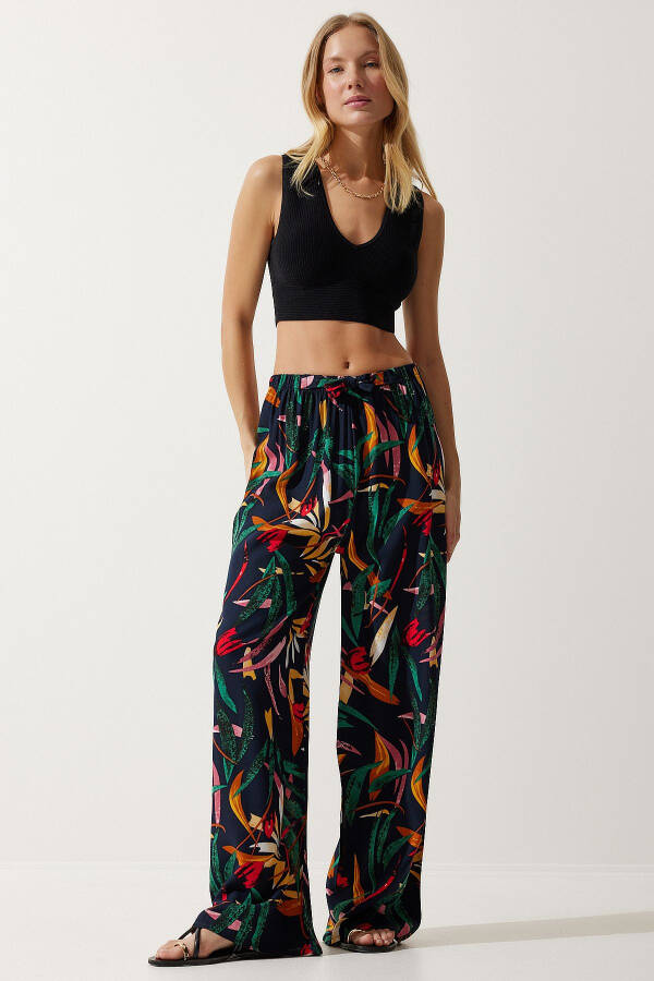 Kadın Lacivert Sarı Desenli Dökümlü Viskon Palazzo Pantolon EN00606-Lacivert Sarı - 3