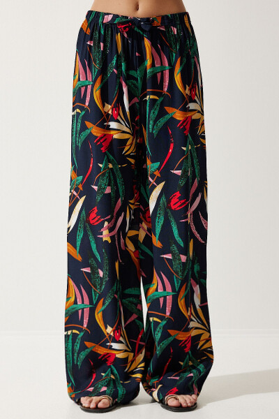 Kadın Lacivert Sarı Desenli Dökümlü Viskon Palazzo Pantolon EN00606-Lacivert Sarı - 4