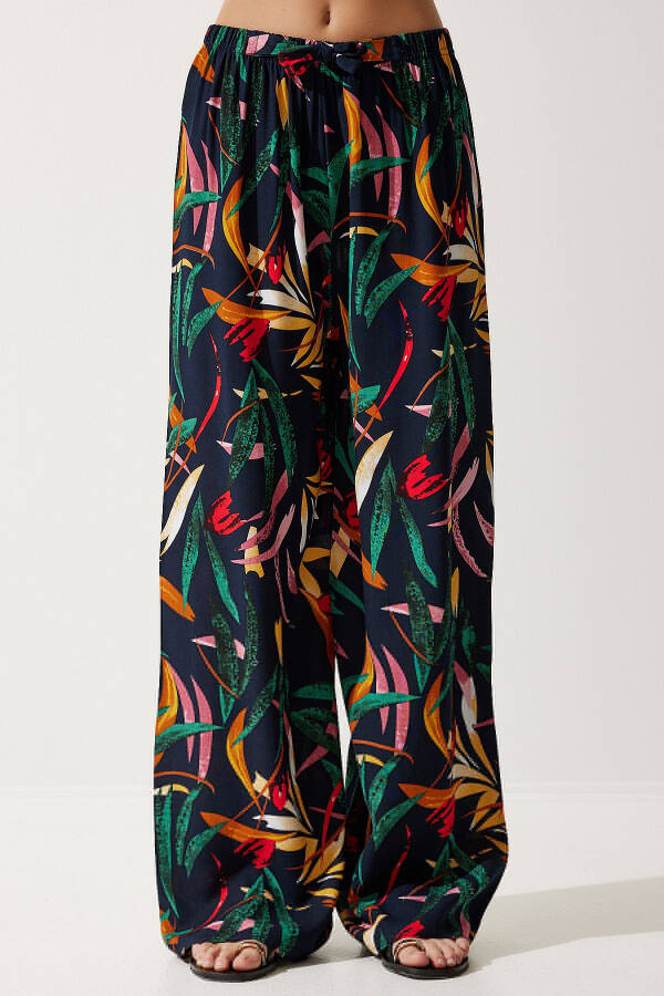 Kadın Lacivert Sarı Desenli Dökümlü Viskon Palazzo Pantolon EN00606-Lacivert Sarı - 4