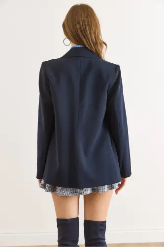 Kadın Lacivert Tek Düğmeli Astarlı Cep Kapaklı Premium Blazer Ceket CKT-19000395-Lacivert - OLALOOK (1)