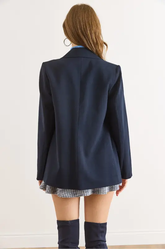 Kadın Lacivert Tek Düğmeli Astarlı Cep Kapaklı Premium Blazer Ceket CKT-19000395 - Lacivert - 2
