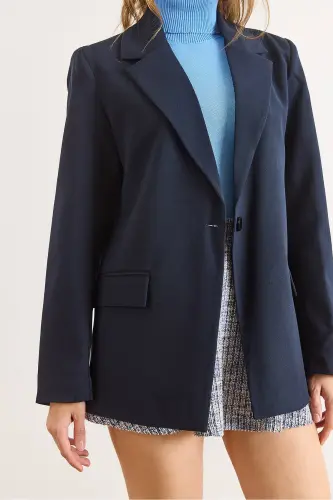 Kadın Lacivert Tek Düğmeli Astarlı Cep Kapaklı Premium Blazer Ceket CKT-19000395 - Lacivert - 3