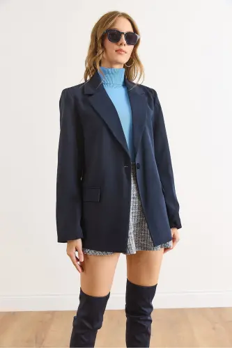 Kadın Lacivert Tek Düğmeli Astarlı Cep Kapaklı Premium Blazer Ceket CKT-19000395 - Lacivert - 5