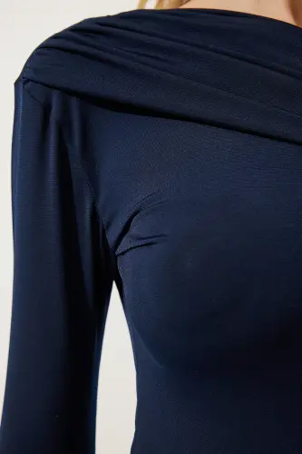 Kadın Lacivert Tek Omuz Büzgü Detaylı Örme Bluz ZH00032 - Lacivert - 5