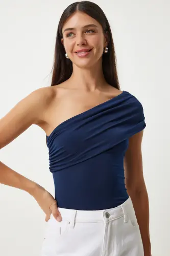 Kadın Lacivert Tek Omuz Büzgülü Örme Bluz DZ00112-Lacivert - 2