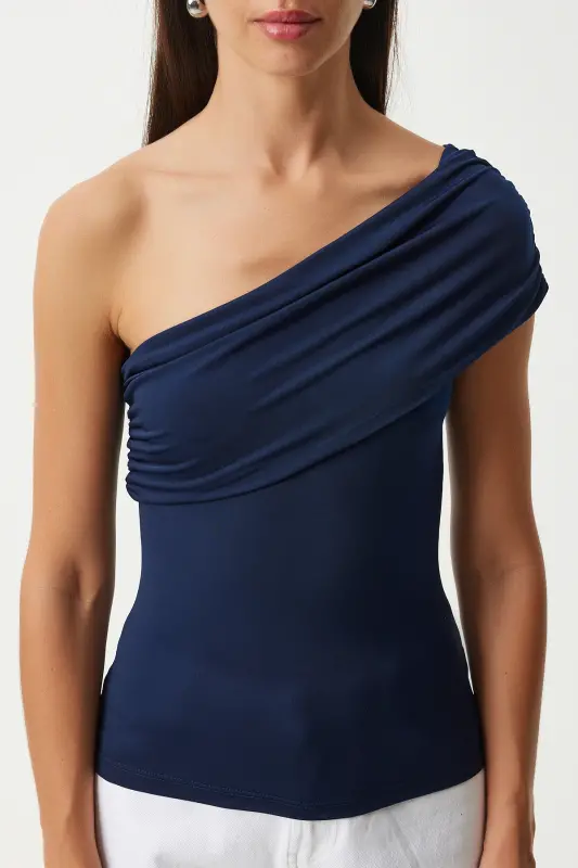 Kadın Lacivert Tek Omuz Büzgülü Örme Bluz DZ00112-Lacivert - 4