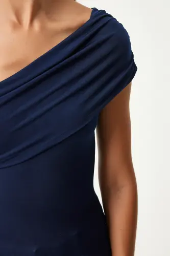 Kadın Lacivert Tek Omuz Büzgülü Örme Bluz DZ00112-Lacivert - 5