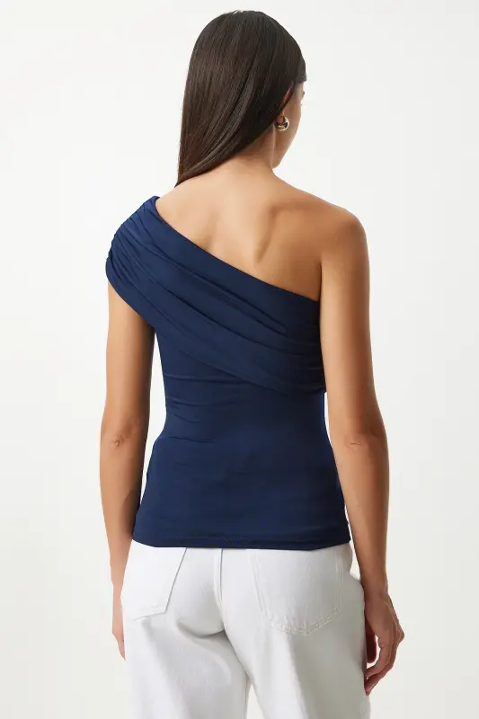 Kadın Lacivert Tek Omuz Büzgülü Örme Bluz DZ00112-Lacivert - 7