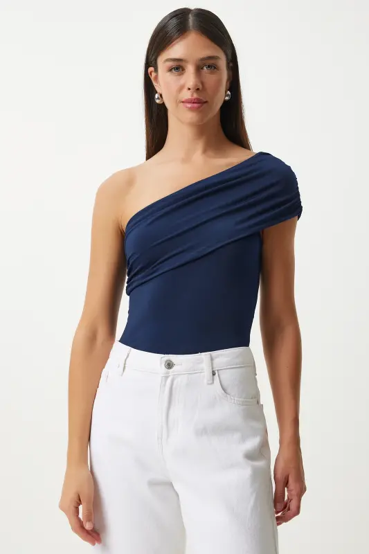 Kadın Lacivert Tek Omuz Büzgülü Örme Bluz DZ00112-Lacivert - 3