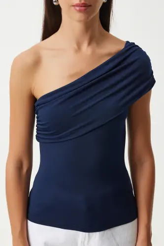 Kadın Lacivert Tek Omuz Büzgülü Örme Bluz DZ00112-Lacivert - 4