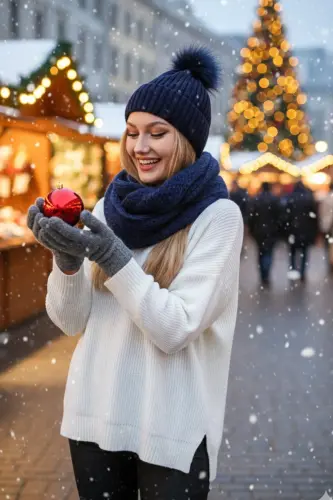 Kadın Lacivert Triko Ponponlu Bere Ve Örgü Boyunluk Set-Lacivert - 1