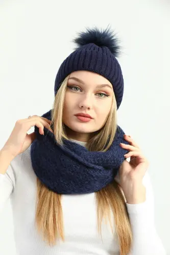 Kadın Lacivert Triko Ponponlu Bere Ve Örgü Boyunluk Set-Lacivert - 3