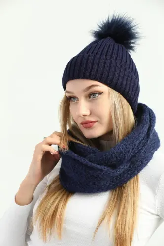 Kadın Lacivert Triko Ponponlu Bere Ve Örgü Boyunluk Set-Lacivert - 5