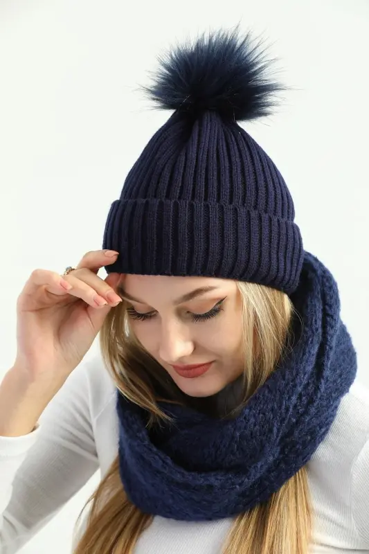 Kadın Lacivert Triko Ponponlu Bere Ve Örgü Boyunluk Set-Lacivert - 7