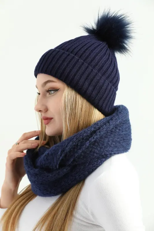 Kadın Lacivert Triko Ponponlu Bere Ve Örgü Boyunluk Set-Lacivert - 6