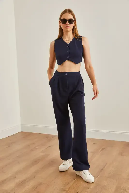 Kadın Lacivert Üst Yelek Alt Cepli Palazzo Takım TKM-19000296-Lacivert - 4