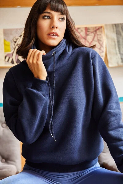 Kadın Lacivert Uzun Boğazlı Yumuşak Dokulu Kalın Sweatshirt SWT-19000189-Lacivert - 6