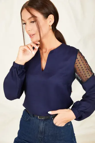 Kadın Lacivert V Yaka Kolu Tüllü Balonlu Bluz ARM-20K001038-Lacivert - 3