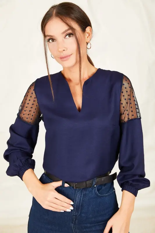 Marineblaue Ballonbluse aus Tüll mit V-Ausschnitt und Ärmeln für Damen ARM-20K001038 - Marineblau - 1