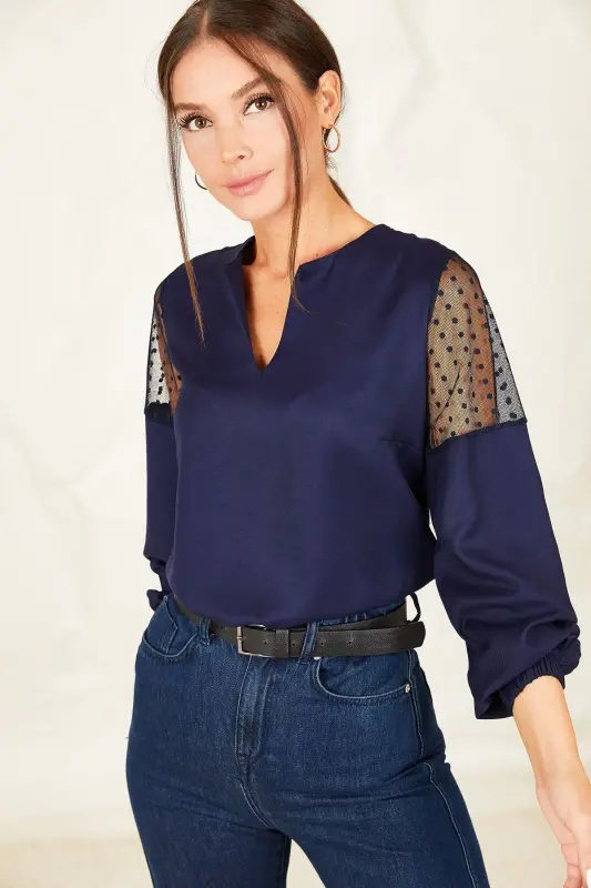 Marineblaue Ballonbluse aus Tüll mit V-Ausschnitt und Ärmeln für Damen ARM-20K001038 - Marineblau - 2