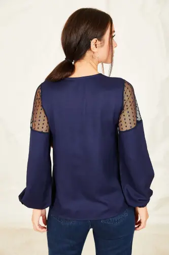 Marineblaue Ballonbluse aus Tüll mit V-Ausschnitt und Ärmeln für Damen ARM-20K001038 - Marineblau - 4