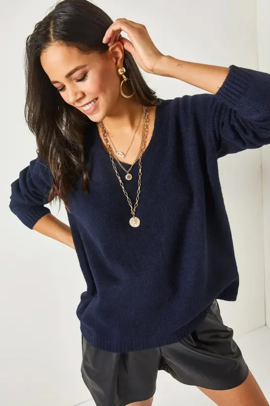 Kadın Lacivert V Yaka Yumuşak Dokulu Triko Kazak KZK-19000598-Lacivert - OLALOOK