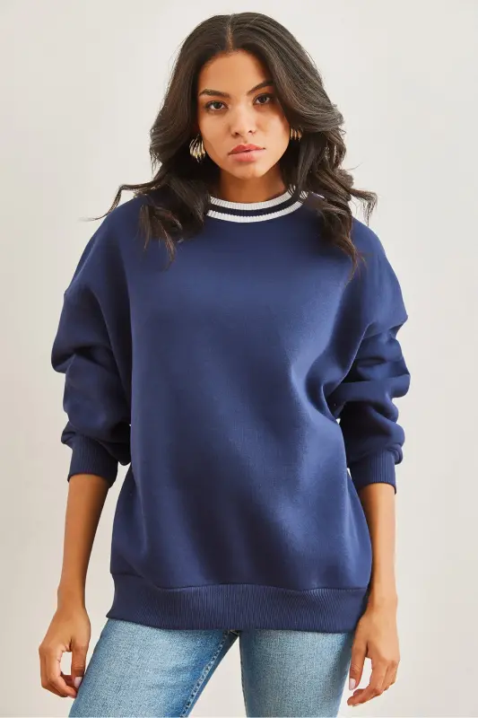 Kadın Lacivert Yaka Detaylı Şardonlu Kalın Sweatshirt SWT-19000687 - Lacivert - 3