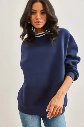 Kadın Lacivert Yaka Detaylı Şardonlu Kalın Sweatshirt SWT-19000687 - Lacivert - 5